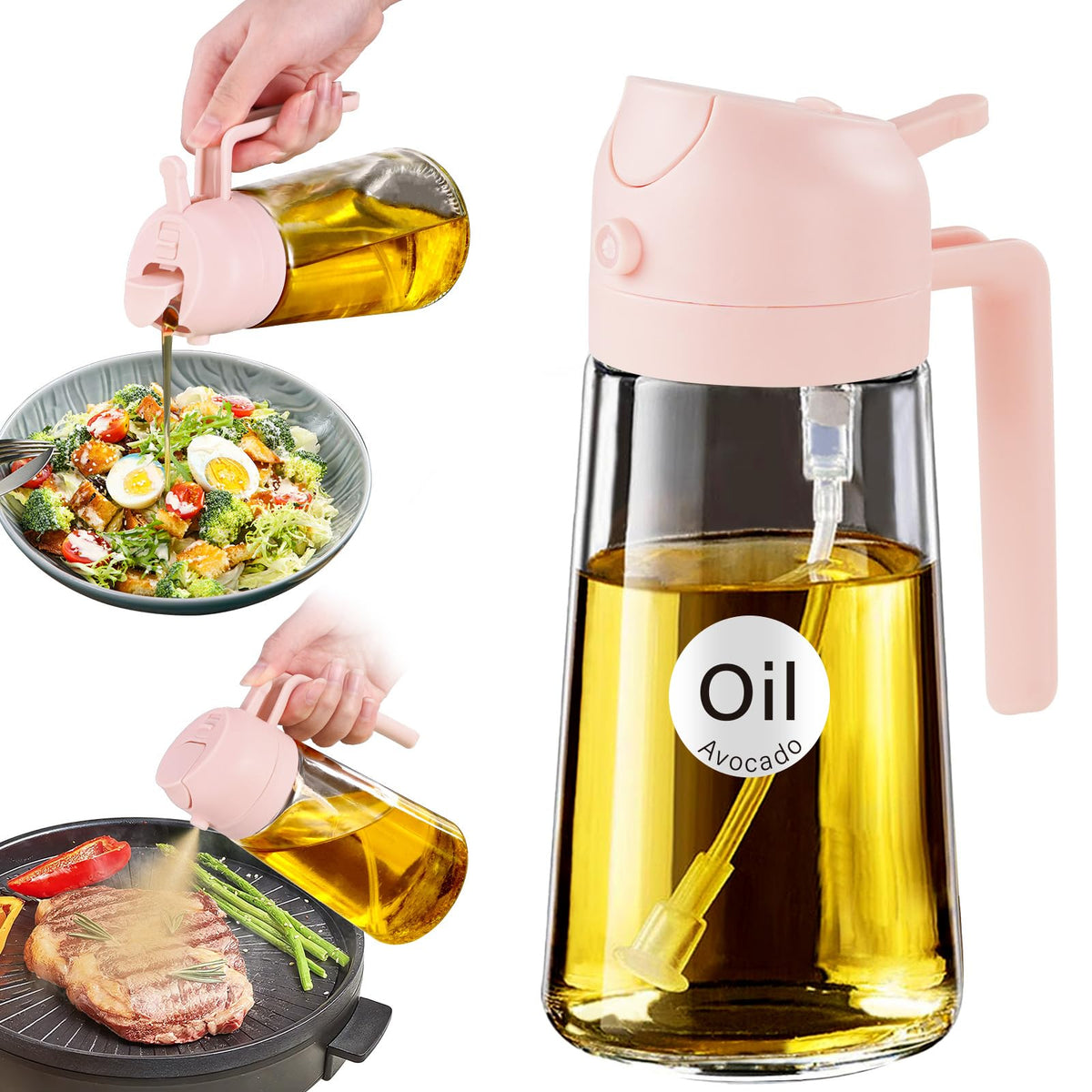 YARRAMATE 16oz/470ml Glass Olive Oil Sprayer for Cooking with Stickers, 2 in 1 Oil Dispenser for Kitchen Gadgets, Food Grade Premium Spray Bottle with Portion Control for Salad, Frying, BBQ (Green)