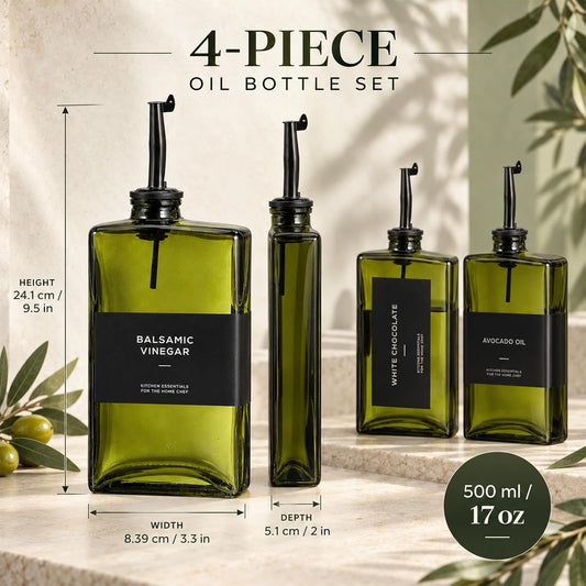 4 Pcs Green Glass Olive Oil Dispenser Bottle for Kitchen