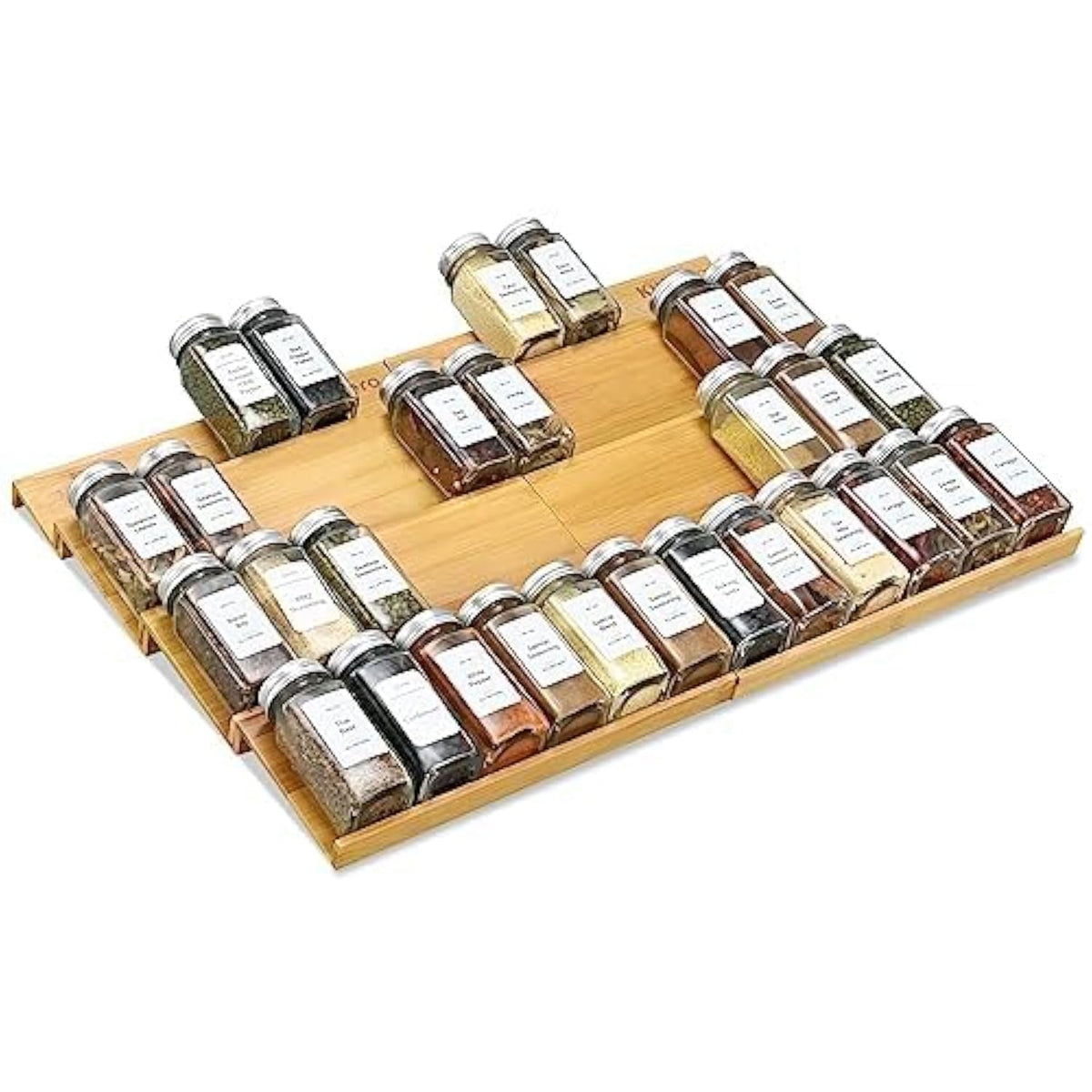 Spice Drawer Organizer with 28 Spice Jars and 216 Labels,Non-slip Rubber, Bamboo 4 Tier Spice Racks Tray Seasoning Containers for Kitchen Drawers,Cabinets,Countertops,13" Wide * 15.8" Deep