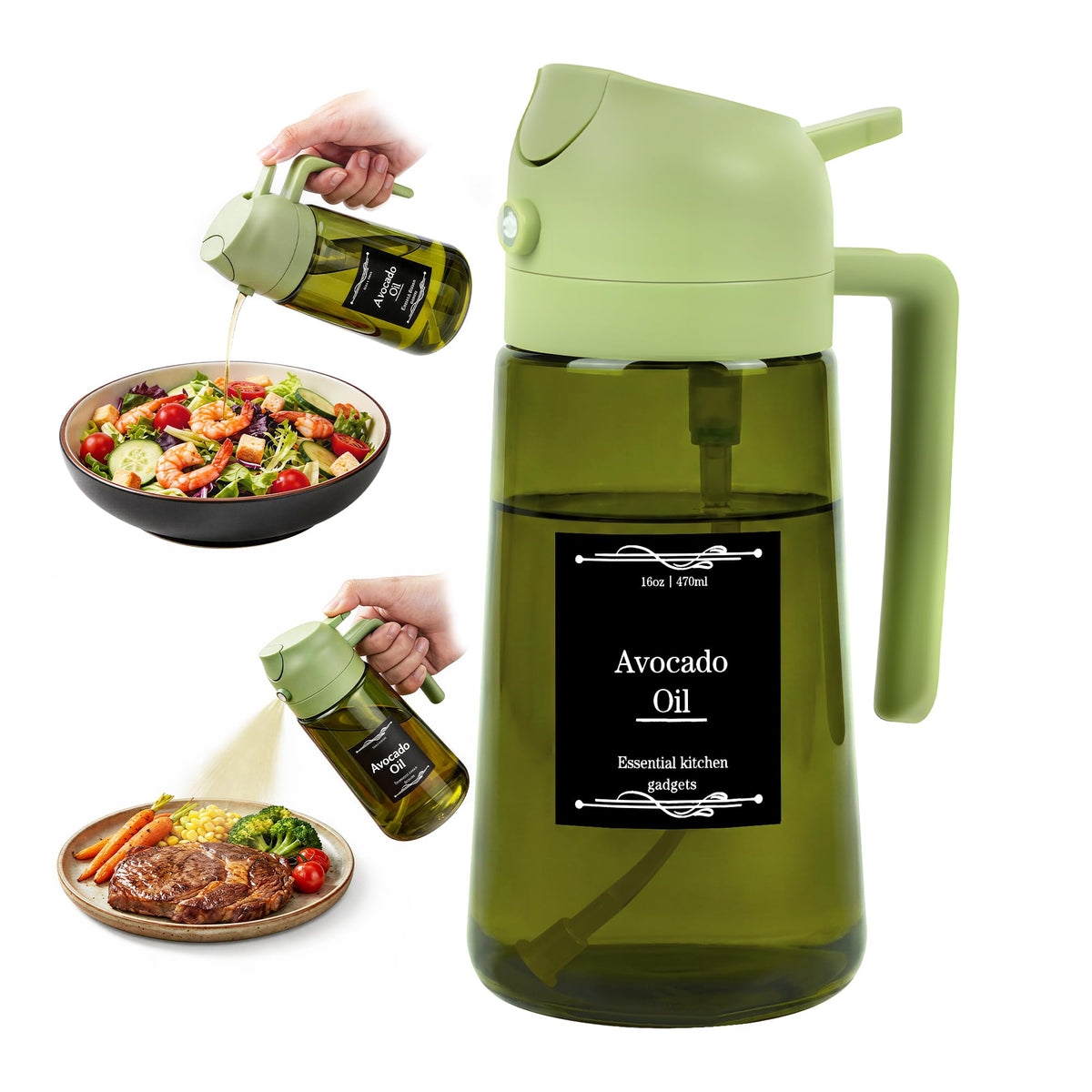 Oil Dispenser Glass Bottle, 16oz/470ml, 2-in-1 Oil Sprayer and Pourer, Clear Glass with Light-Blocking Dark Exterior Coating, for Cooking, Air Fryer, Salad, BBQ (Black)