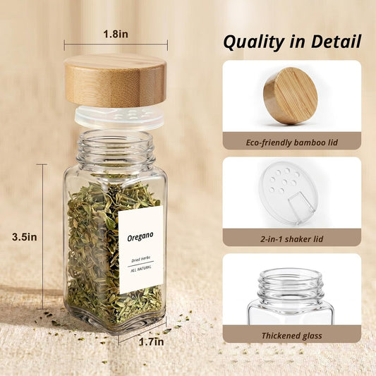 SHOWIN Spice Jars with Label, 4oz Spice Containers with Bamboo Lids 12pcs, Glass Spice Jars with Lids, Square Seasoning Containers for Rack, Cabinet, Drawer, Home Kitchen Seasoning Organizer