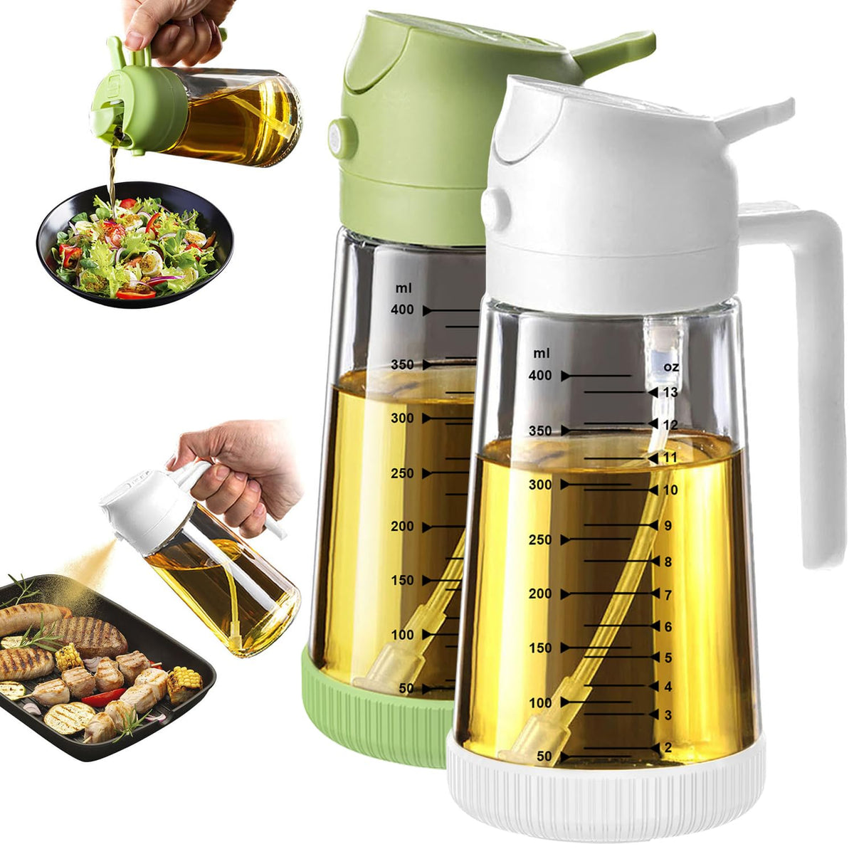 TrendPlain 16oz/470ml Glass Olive Oil Sprayer for Cooking – 2 in 1 Olive Oil Dispenser Bottle for Kitchen Gadgets and Air Fryer Accessories, Salad, BBQ - Black & Green