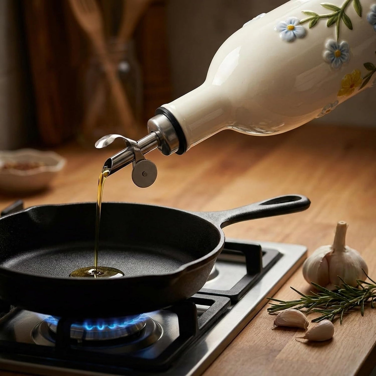 Ceramic Olive Oil Dispenser Bottle, 18 OZ(Flower)