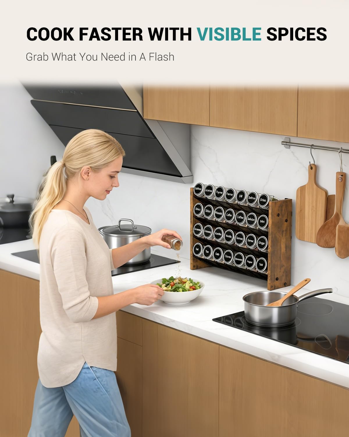Spice Rack Organizer with 28 Glass Jars, for Cabinet Wall Mount Countertop