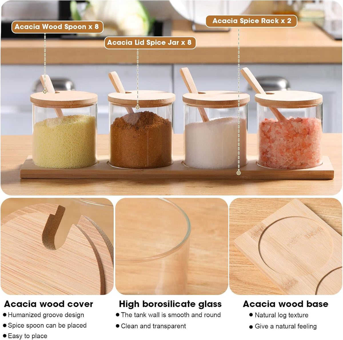 Zubebe 8 Pcs 10 oz Clear Glass Seasoning Jar with Wooden Lid and Spoon