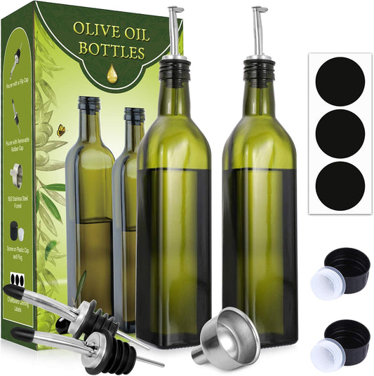 AOZITA [2 PACK 17 oz Glass Olive Oil Dispenser Bottle Set - 500ml Dark Green Oil & Vinegar Cruet Bottle with Pourers, Funnel and Labels - Olive Oil Carafe Decanter for Kitchen
