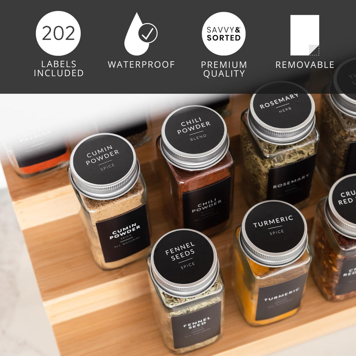 Spice Labels for Glass Jars, 202 Round Preprinted Waterproof Kitchen Spice Labels Stickers, Seasoning Organization Black Pantry Herbs Label for Top Lid, Chalkboard Labels for Spice Jars