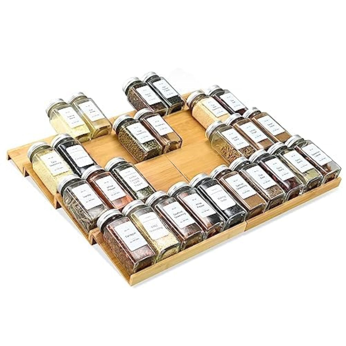 Spice Drawer Organizer with 28 Spice Jars and 216 Labels,Non-slip Rubber, Bamboo 4 Tier Spice Racks Tray Seasoning Containers for Kitchen Drawers,Cabinets,Countertops,13" Wide * 15.8" Deep