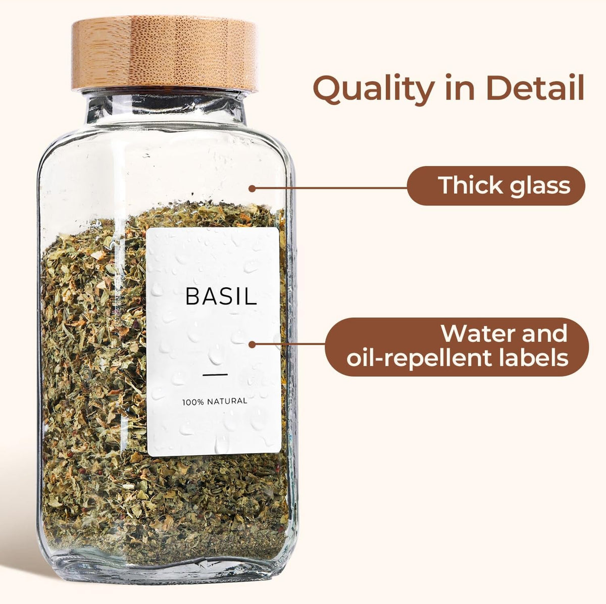 ComSaf Glass Spice Jars with Labels 8 oz 6 Pack Bamboo Lids