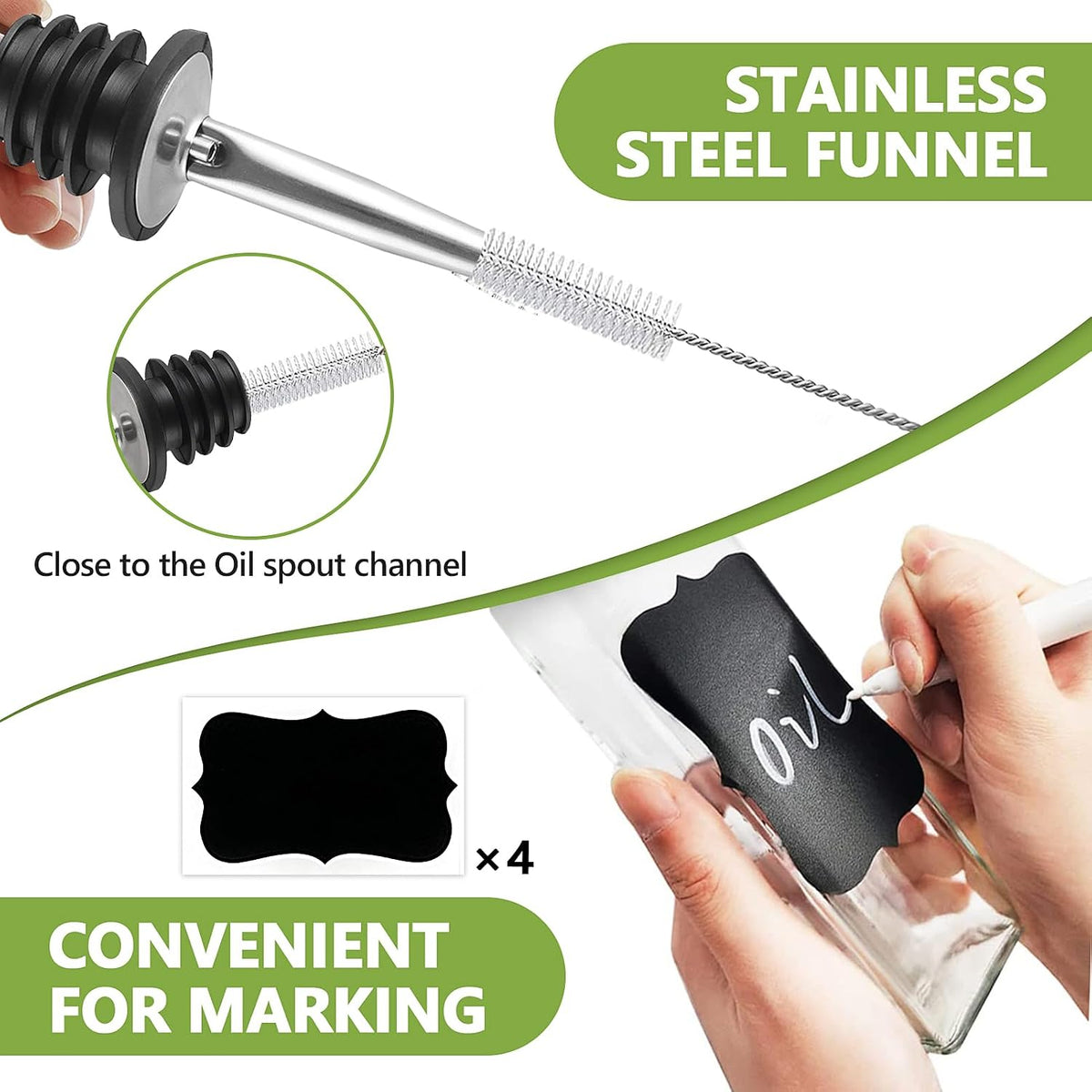 Leaflai Olive Oil Dispenser Bottle, 2 Pcs Glass Olive Oil Dispenser and Vinegar Dispenser Set with 2 Stainless Steel Pourers, 4 Labels,1 Brush and 1 Funnel Oil Bottles for Kitchen (500ml)