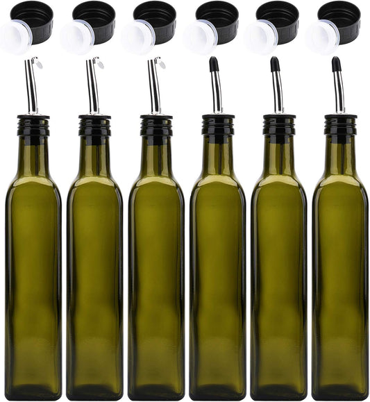 Kingrol 6 Pack 8 oz Glass Olive Oil Dispenser Bottles, Oil and Vinegar Cruets with Stainless Steel Pourer Spouts, Non-Drip Oil Bottles for Kitchen