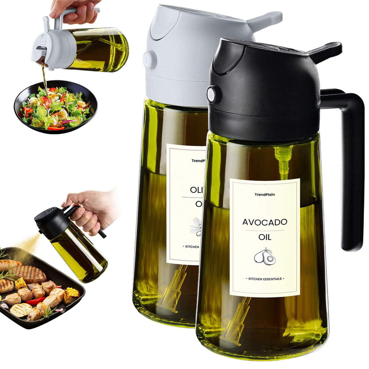 TrendPlain - Original 16oz/470ml Olive Oil Dispenser Bottle for Kitchen Gadgets and Air Fryer Accessories - Olive Oil Sprayer for Cooking w/Stickers - Black