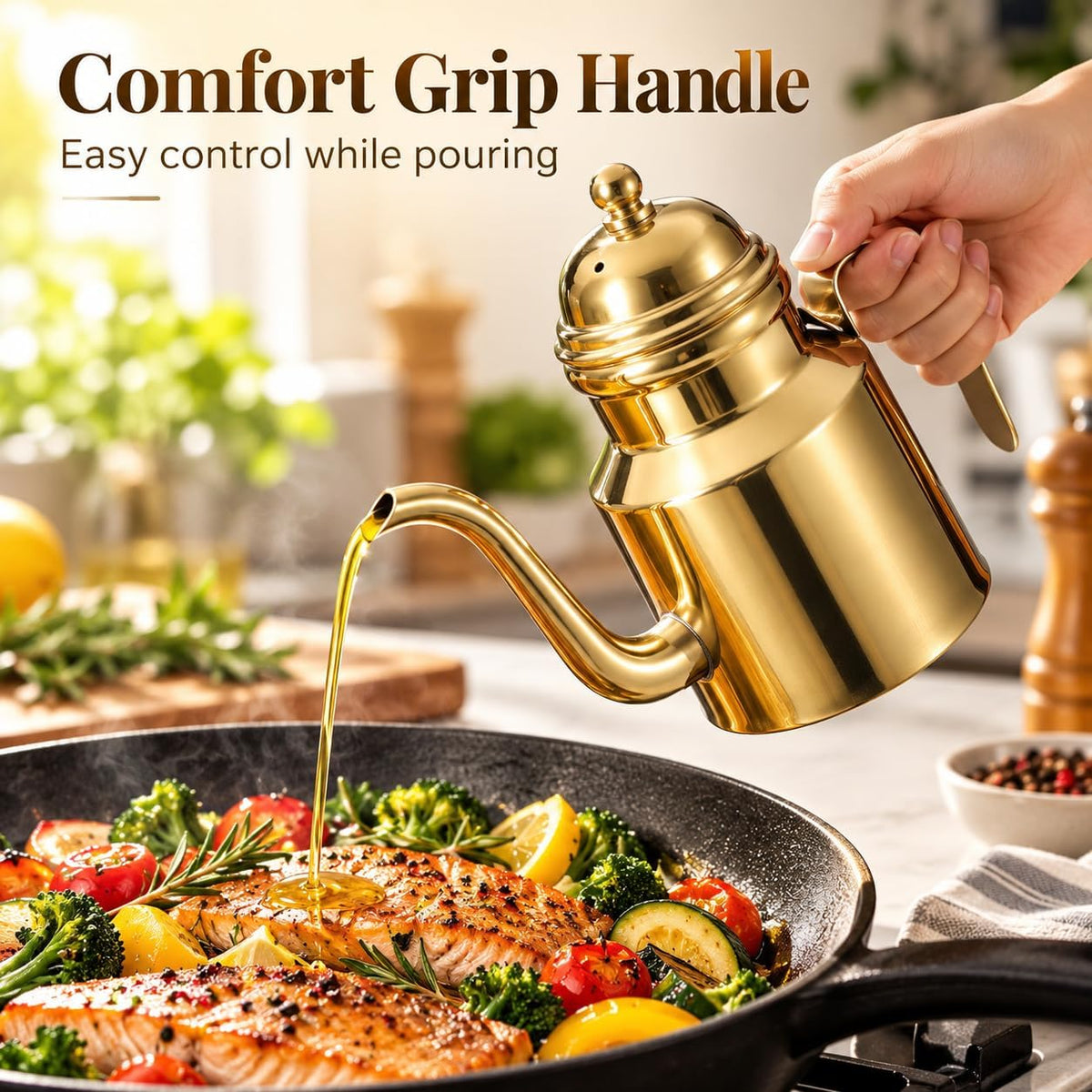 Cabilock Oil Dispenser Vinegar Dispenser Bottle 15.22oz Stainless Steel Oil Can Container with Handle for Kitchen Restaurant Cooking BBQ Golden