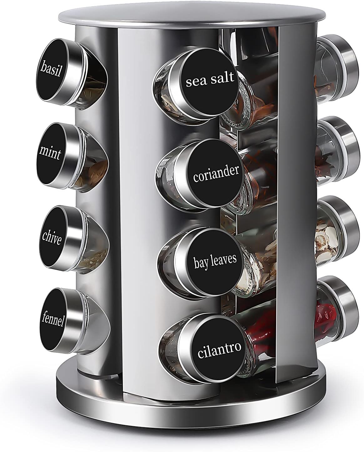 DOUBLE 2 C Revolving Countertop Spice Rack Stainless Steel Seasoning Storage Organization,Spice Carousel Tower for Kitchen Set of 16 Jars (16Jars)