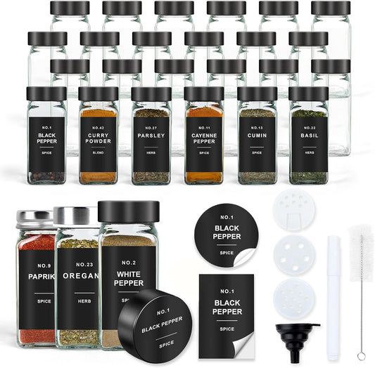 Spice Jars with Label, 24pcs 4oz Glass Spice Jars with Black Lids