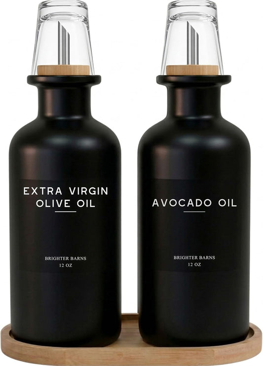 Brighter Barns Black Glass Olive Oil Dispenser Bottle for Kitchen - 12 oz Oil and Vinegar Dispenser, Soy Sauce Bottle - Farmhouse Kitchen Decor for Restaurant, Hotel, Coffee Bar Accessories (Black)