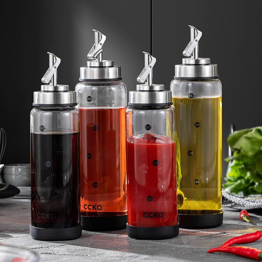 CCKO Glass Olive Oil Dispenser Bottle Shatterproof and Leakproof Oil Dispenser with Stainless Steel Spouts High Temperature Resistant 17oz Cooking Oil and Vinegar Cruet Dispenser Bottle
