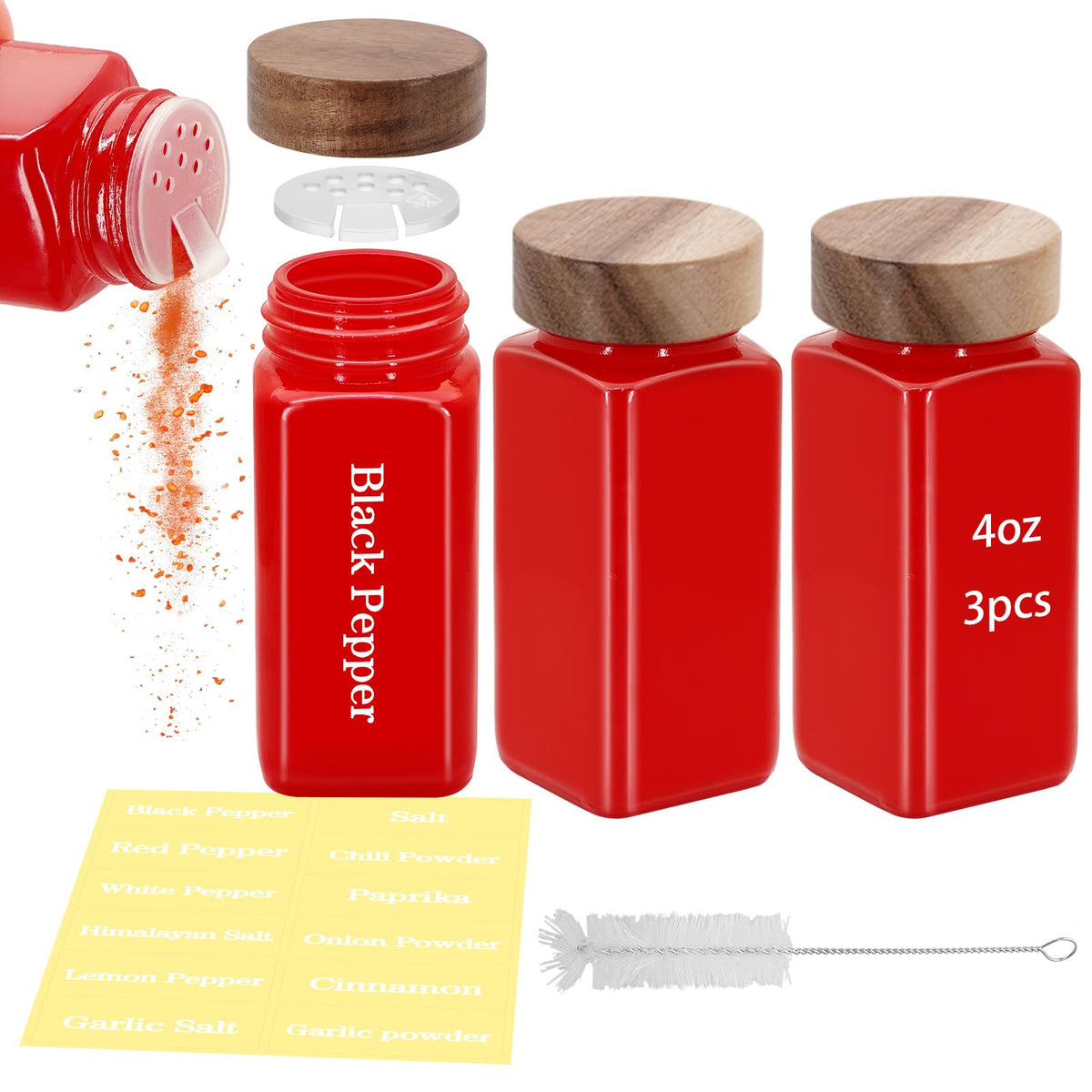 3Pcs 4 oz Square Glass Spice Jars with Label, Empty Spice Containers with Wooden Lids, Square Seasoning Containers and Supplement Set, Small Seasoning Bottles for Salt, Sugar, Pepper (White)