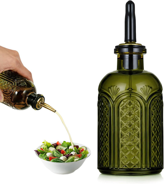 1 Pack Oil Dispenser 7oz, Vintage Glass Green Metal Spout
