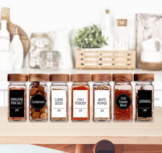 Churboro Glass Spice Jars with Labels, 24 Pack 4 oz, Acacia Wood Lids