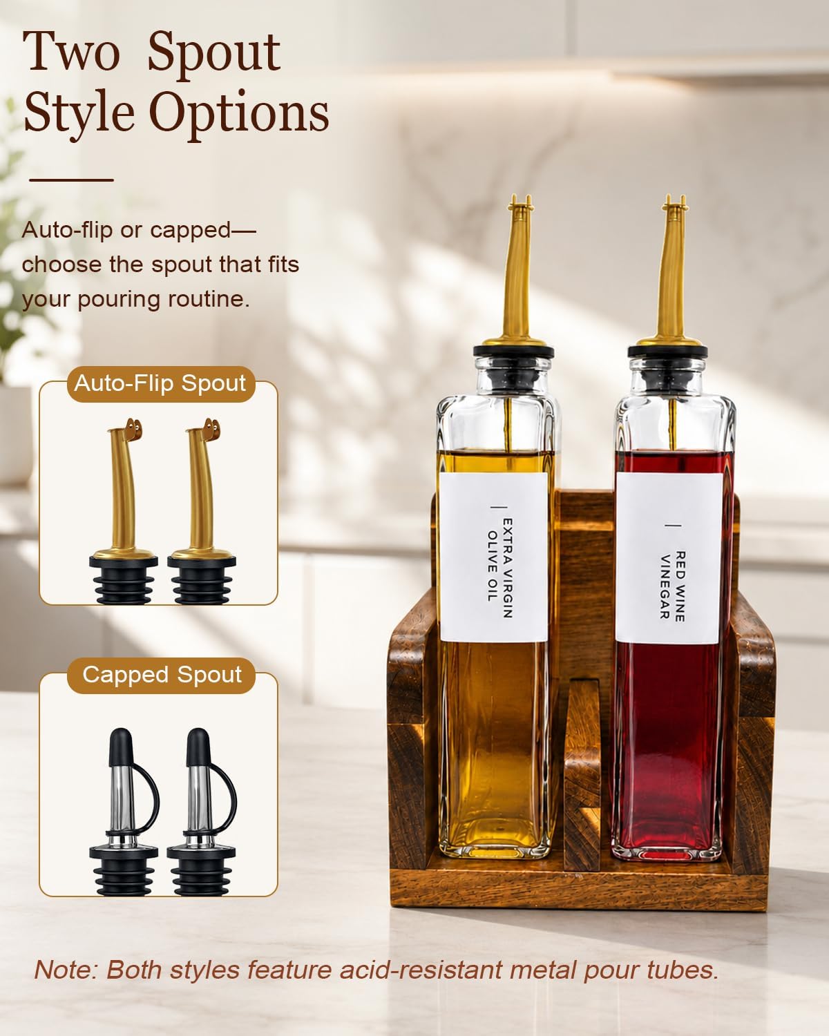 Glass Oil and Vinegar Dispenser Set with Acacia Wood Stand, 2 Pack 12 oz
