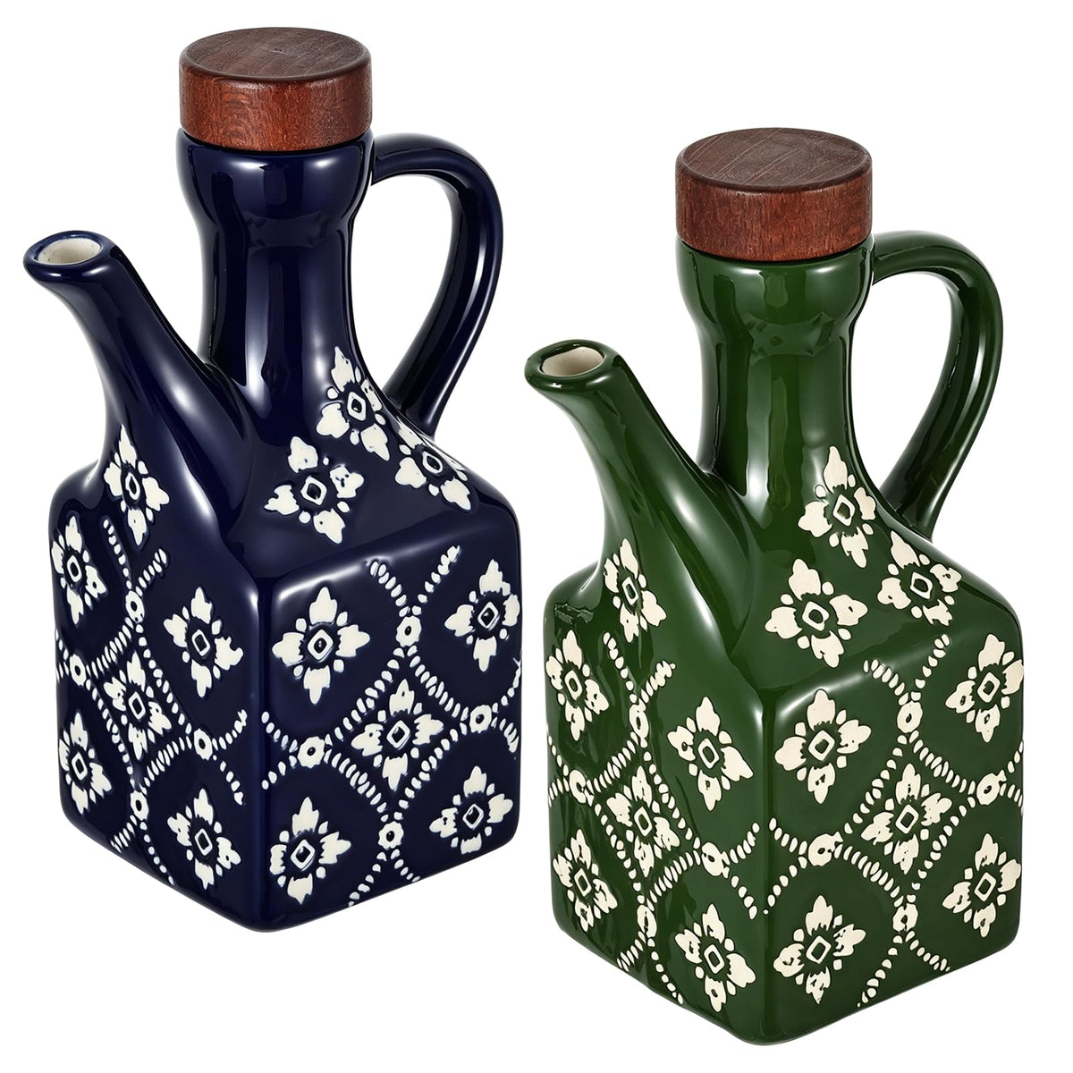 8.5 oz Ceramic Olive Oil Dispenser Bottle Decorative Olive Oil Dispenser Bottle with Handle & Wooden Stopper Relief Opaque Ceramic Oil Cruet for Kitchen Cooking Oil Vinegar (Blue)