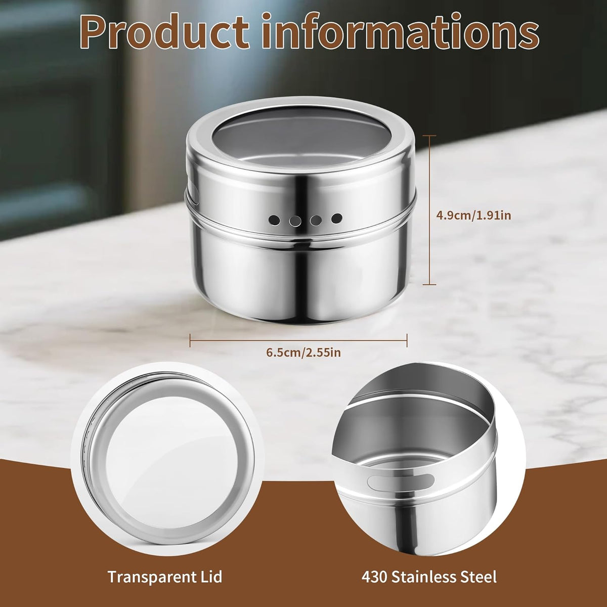 12pcs Stainless Steel Spice Jars, Magnetic Condiment Tins Magnetic Spice Jar With Clear Lid And Holes Sift&Pour - Easy To Clean