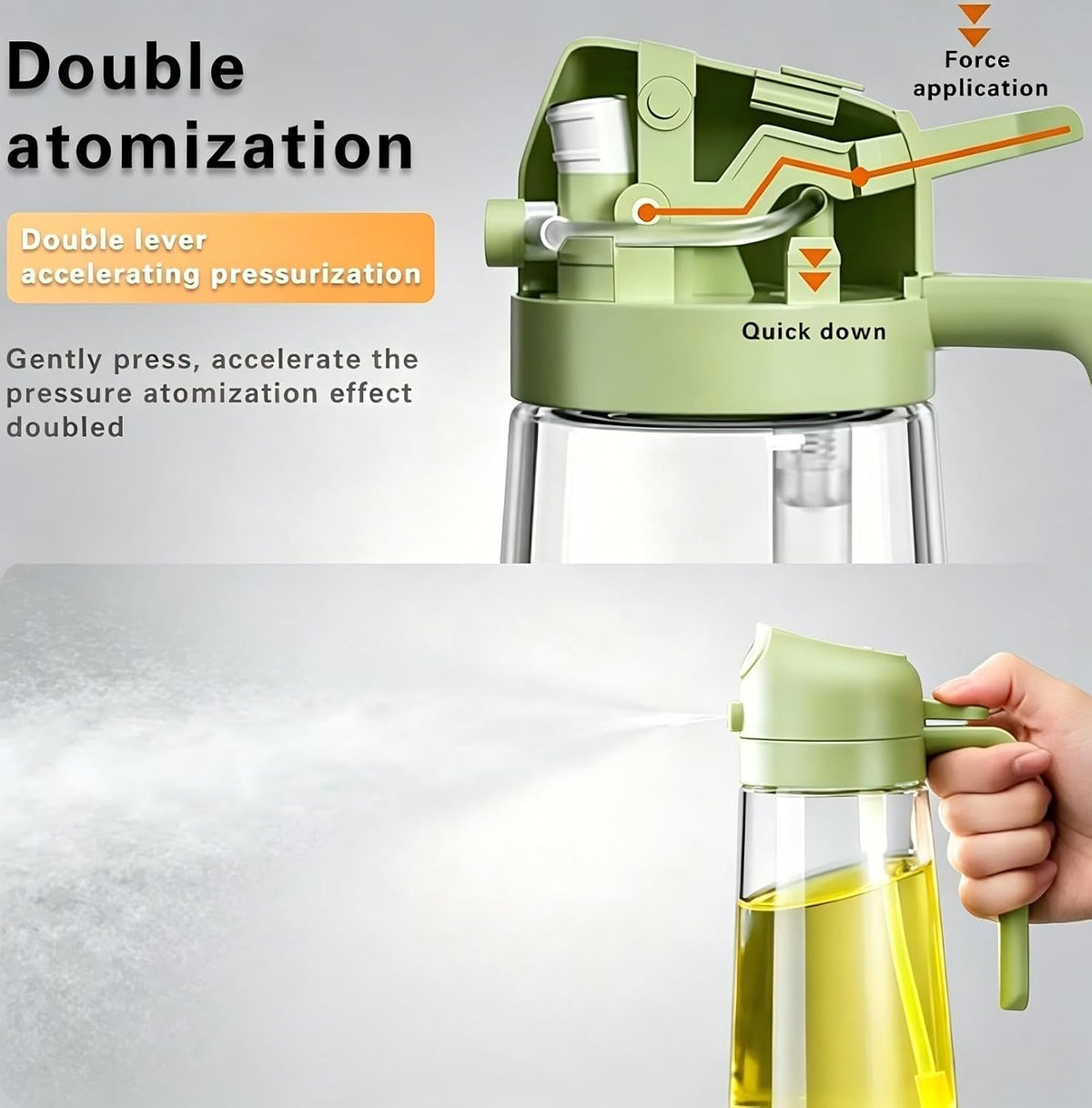 2 in 1 Olive Oil Spray for Cooking, 470ml/16oz Oil Dispenser for Kitchen and Home, Olive Oil Dispenser Bottle for Air Fryer, Salad, BBQ (Green)
