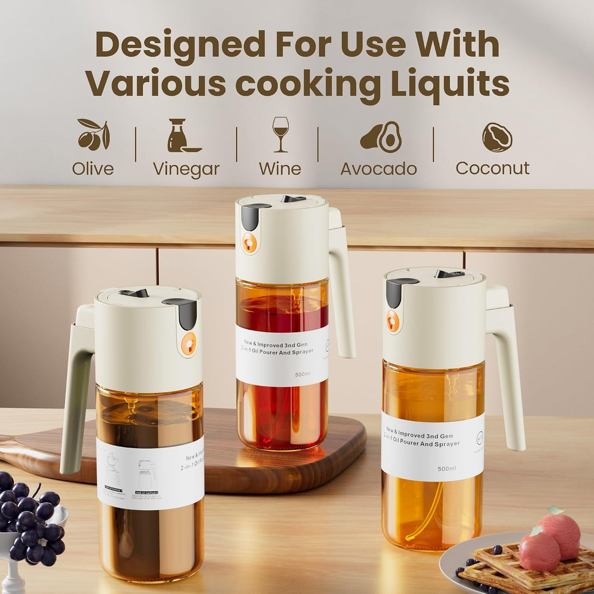 LAKUMIQI 2 in 1 Oil Sprayer & Dispenser, 17 oz Light-Blocking Glass Bottle