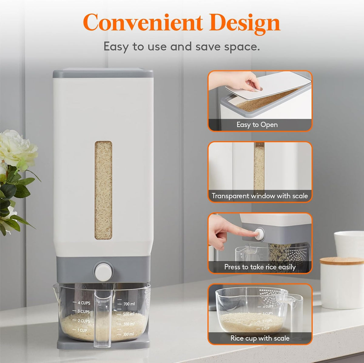 Lifewit Rice Container 29 Lbs, One-Press Dispenser with Measuring Cup 2 Pcs