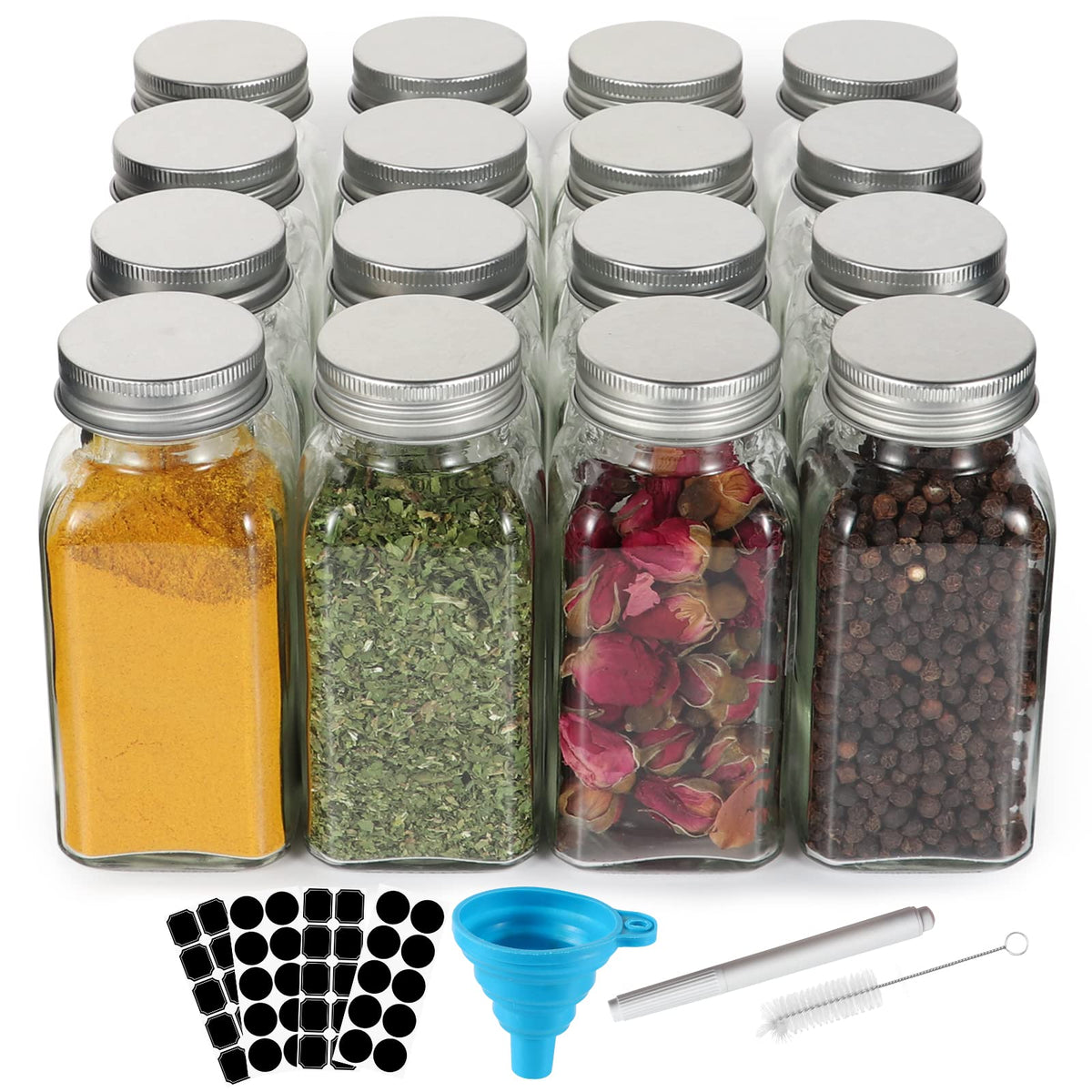 30 Pack Glass Spice Jars 4 oz with Labels,Empty Square Spice bottles