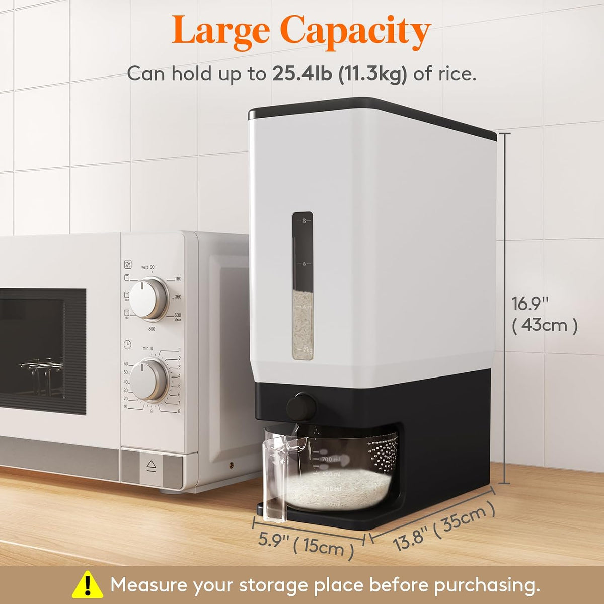 Lifewit Rice Container 29 Lbs, One-Press Dispenser with Measuring Cup 2 Pcs