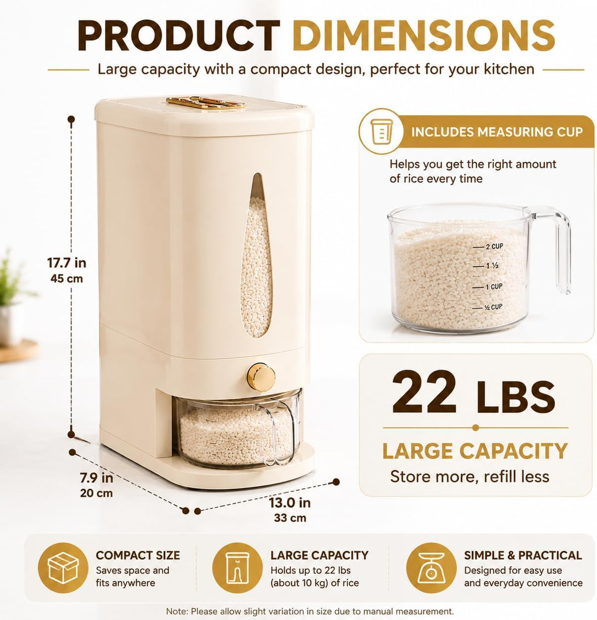 22lbs Rice Dispenser, Airtight Grain Storage Container with One-Touch