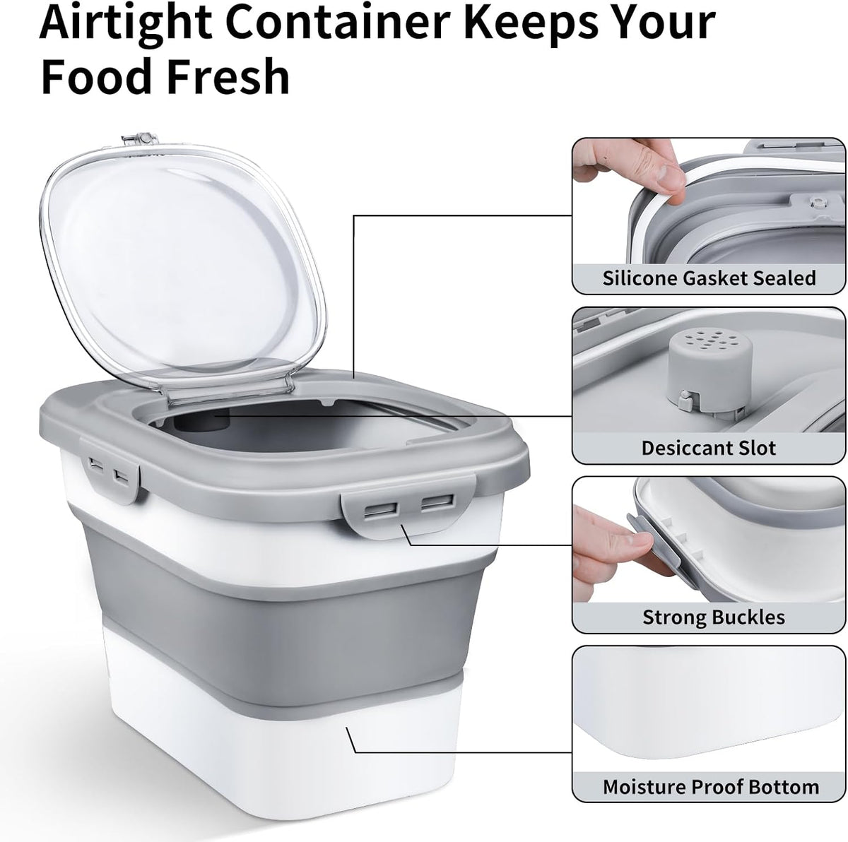 Komzon Rice Storage Container, Collapsible Airtight Food Storage Containers 6-20 Lbs, Rice Dispenser with Measuring Cup and Small Bin for Flour Cereal Pasta Grain, Cat Pet Dog Bird Food Container