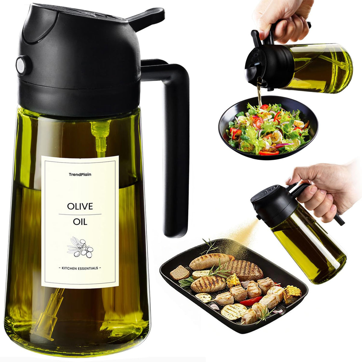 TrendPlain - Original 16oz/470ml Olive Oil Dispenser Bottle for Kitchen Gadgets and Air Fryer Accessories - Olive Oil Sprayer for Cooking w/Stickers - Black