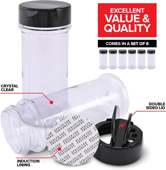 6 Pack 5.5 oz Round Plastic Spice Jars, Empty Seasoning Containers for Homemade Rub, Spices, Glitter, and More, Small Spice Containers with Black Shaker Lids and Heat-Induction Liner, Clear Spice Jars