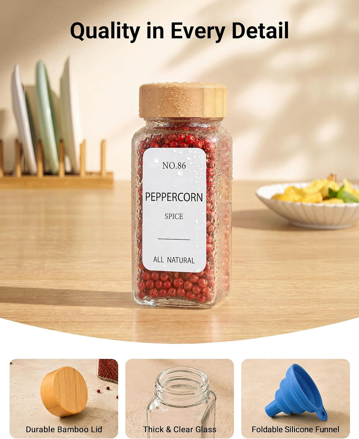 24 Pack Glass Spice Jars : 492 Lables & Pepper Grinder & Bamboo Lids