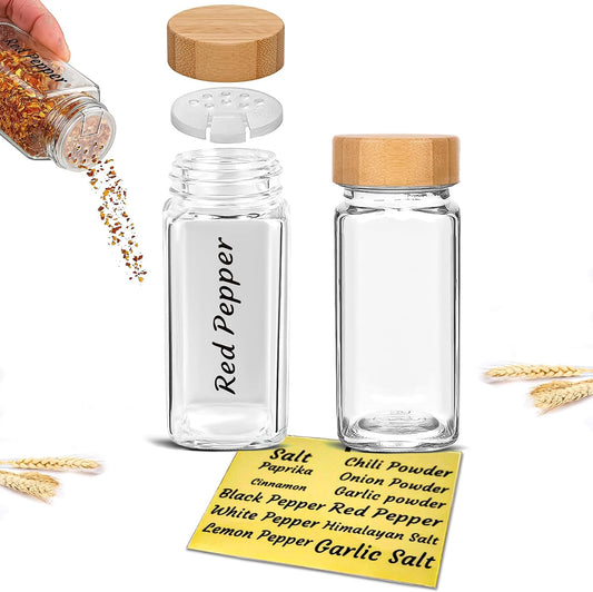 Glass Spice Jars with Bamboo Airtight Lids - (2 Pack) - 4 oz Square Spice Bottles with Shaker Lids - Clear Empty Shaker Seasoning Jars with Preprinted Spice Jars Labels for Spice Rack, Drawer, Cabinet