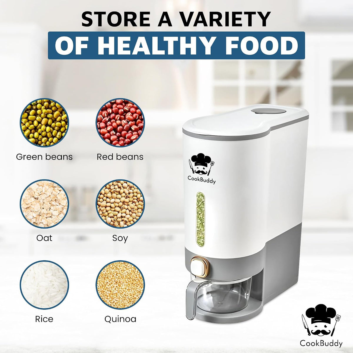 CookBuddy Rice Dispenser - 25 lb Airtight Rice Storage Container - Grain Dispenser