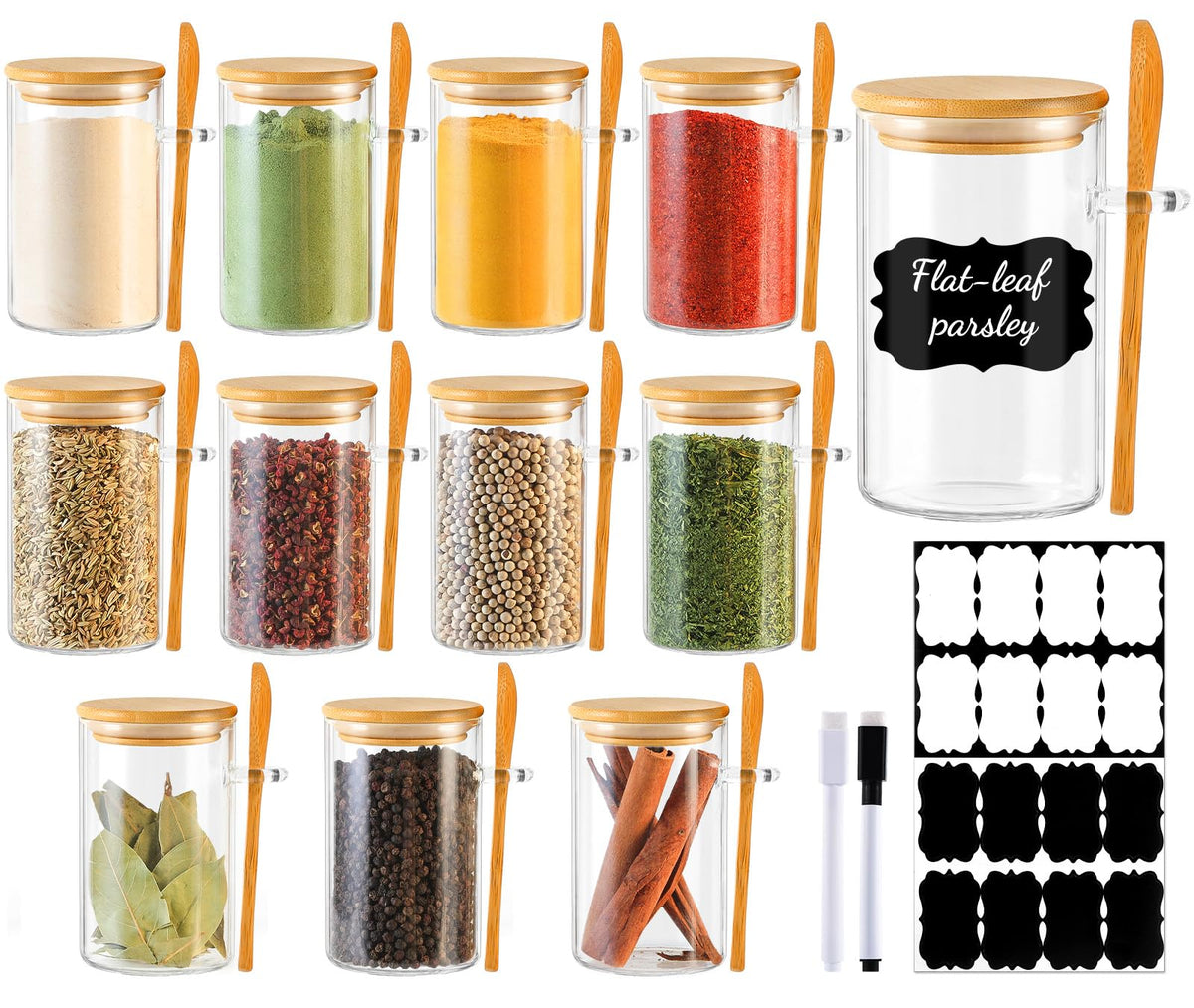 TBWIND 12 Pack 8 oz Square Glass Spice Jars with Lids and Labels – Airtight Small Spice Containers Set, Clear Glass Storage Jars for Seasoning, Spices, Kitchen Pantry Organization