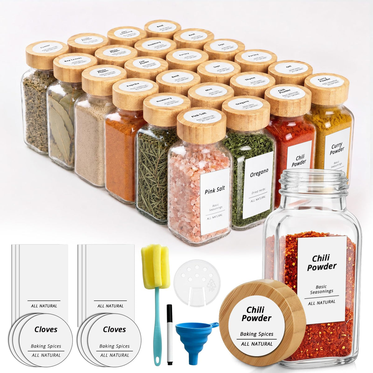 SHOWIN Spice Jars with Label, 4oz Spice Containers with Bamboo Lids 12pcs, Glass Spice Jars with Lids, Square Seasoning Containers for Rack, Cabinet, Drawer, Home Kitchen Seasoning Organizer