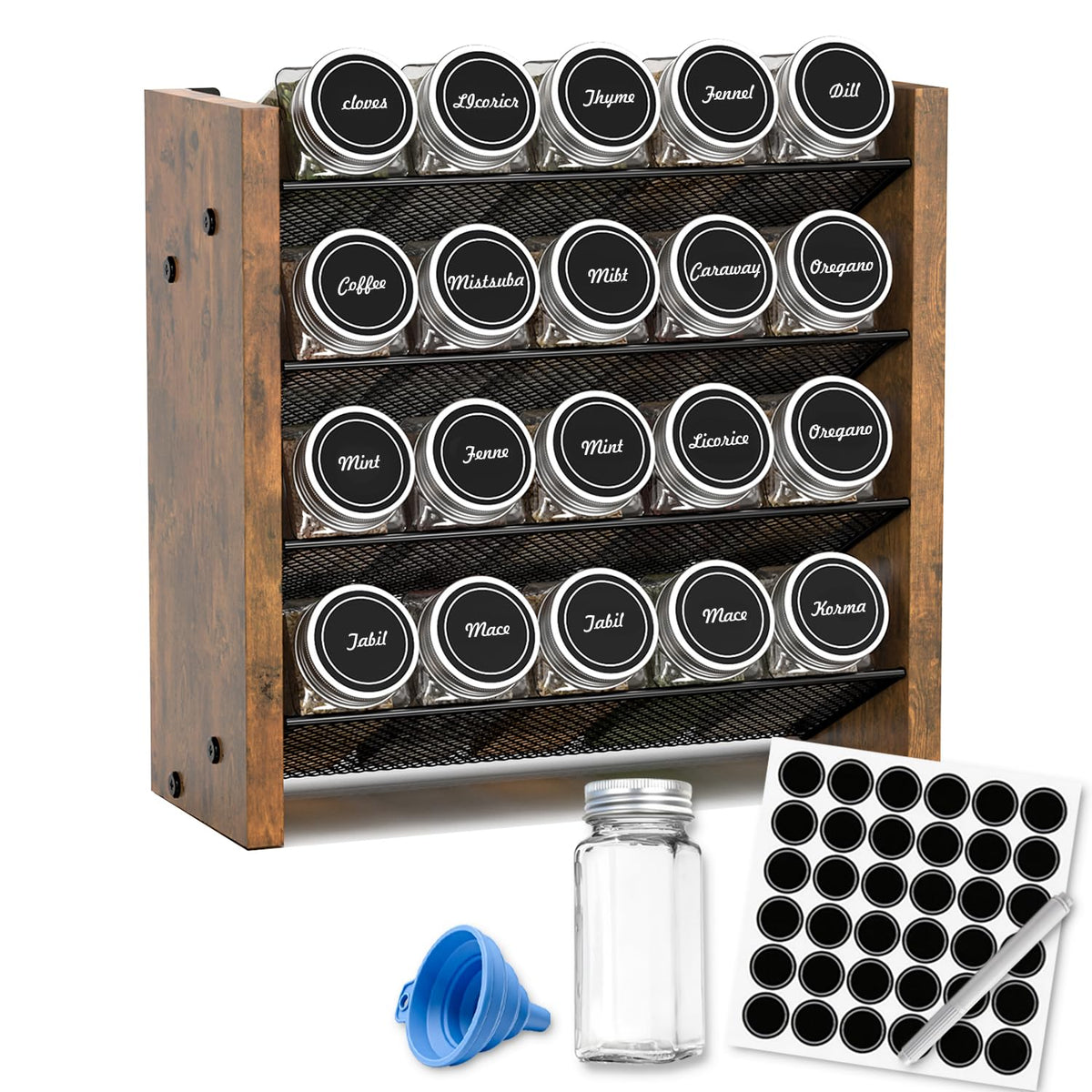 Spice Rack Organizer with 28 Glass Jars, for Cabinet Wall Mount Countertop