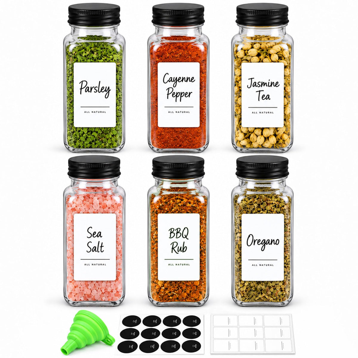 ComSaf Glass Spice Jars with Labels 4 oz 6 Pack Small Square