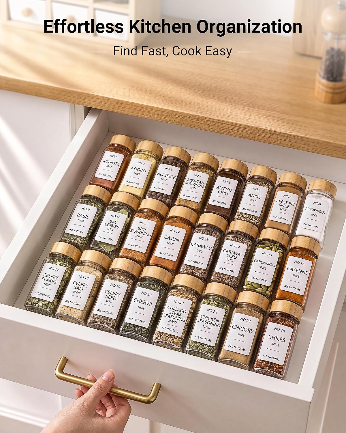 24 Pack Glass Spice Jars : 492 Lables & Pepper Grinder & Bamboo Lids