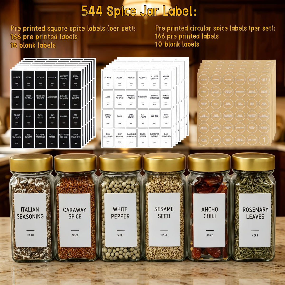 24 Spice Jars with Labels, 4oz Seasoning Jars for Cabinets, Drawers, Racks