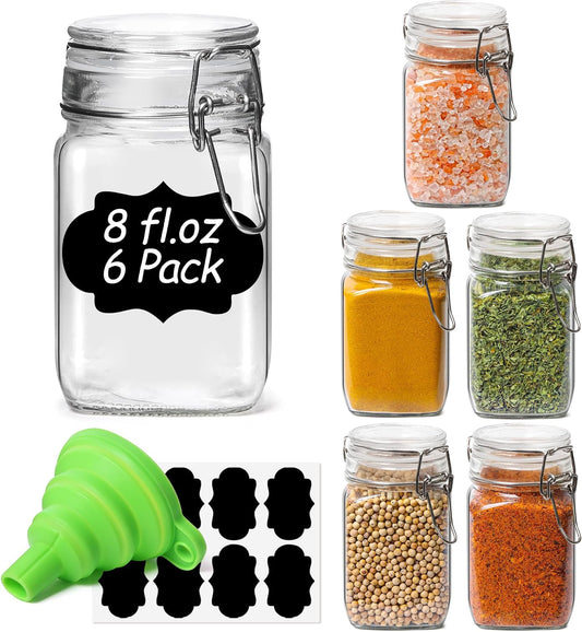 ComSaf Square Small 8 oz Glass Spice Jars with Airtight Lids 6 Pack Pantry