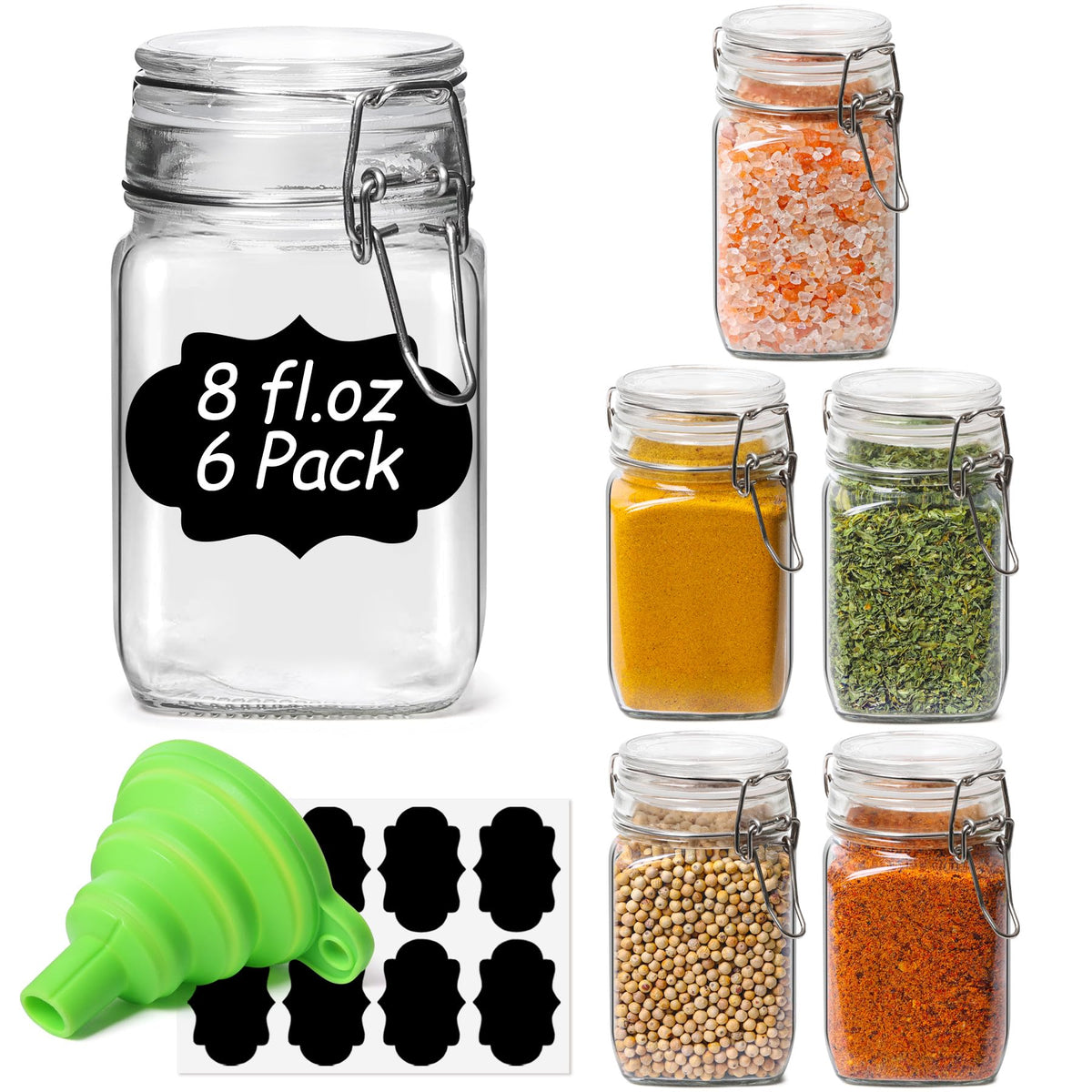 ComSaf Square Small Glass Spice Jars with Airtight Lids 4 oz 6 Pack Pantry