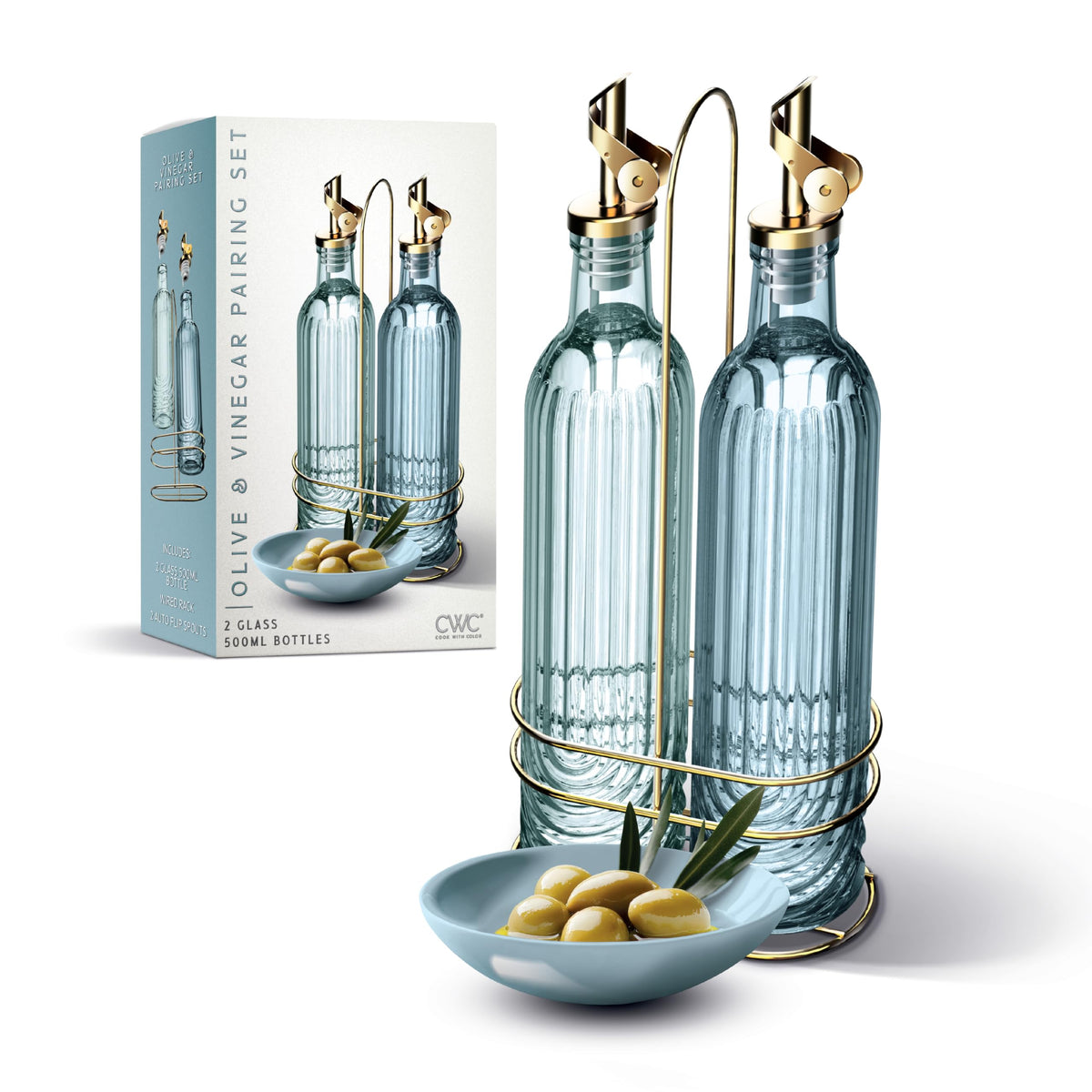 COOK WITH COLOR Glass Olive Oil Bottle Dispenser - 2 Pack- 17oz Oil and Vinegar Cruet - Olive Oil Carafe Decanter for Kitchen, Fluted, Brown