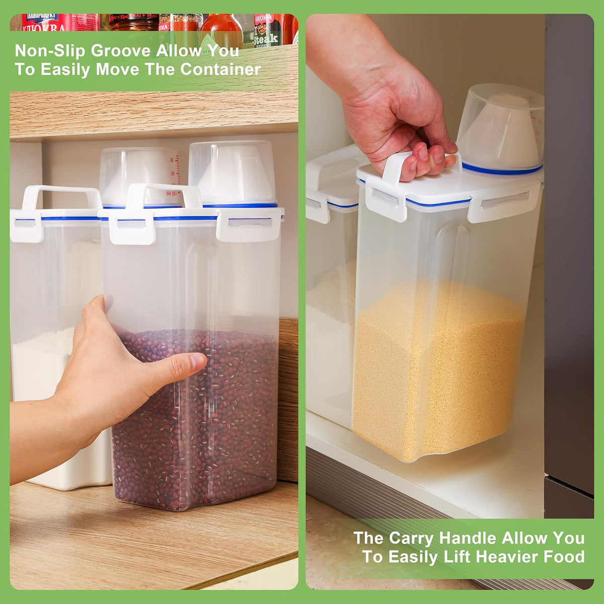 2 Pcs 5.5Lbs Rice Storage Container, Rice Container with Measuring Cup & Pour Spout, Kitchen Plastic Airtight Container for Cereal, Grain, Flour, Sugar, Oatmeal, Dry Pet Dog Food