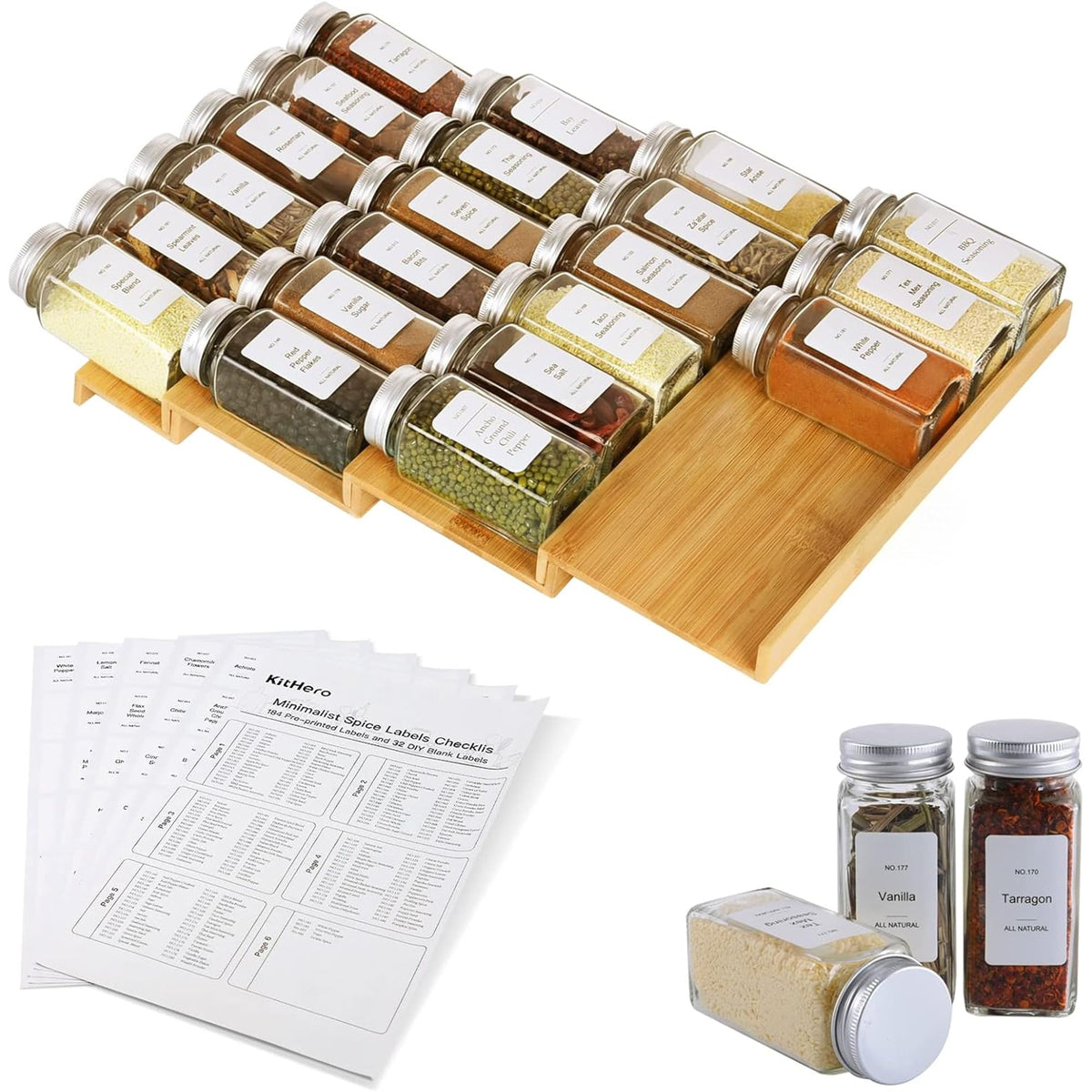 Spice Drawer Organizer with 28 Spice Jars and 216 Labels,Non-slip Rubber, Bamboo 4 Tier Spice Racks Tray Seasoning Containers for Kitchen Drawers,Cabinets,Countertops,13" Wide * 15.8" Deep